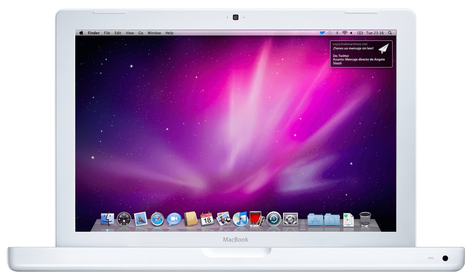 AirMail on a MacBook: a paper-airplane notification in the top right corner of the screen, over Mac OS X Snow Leopard.