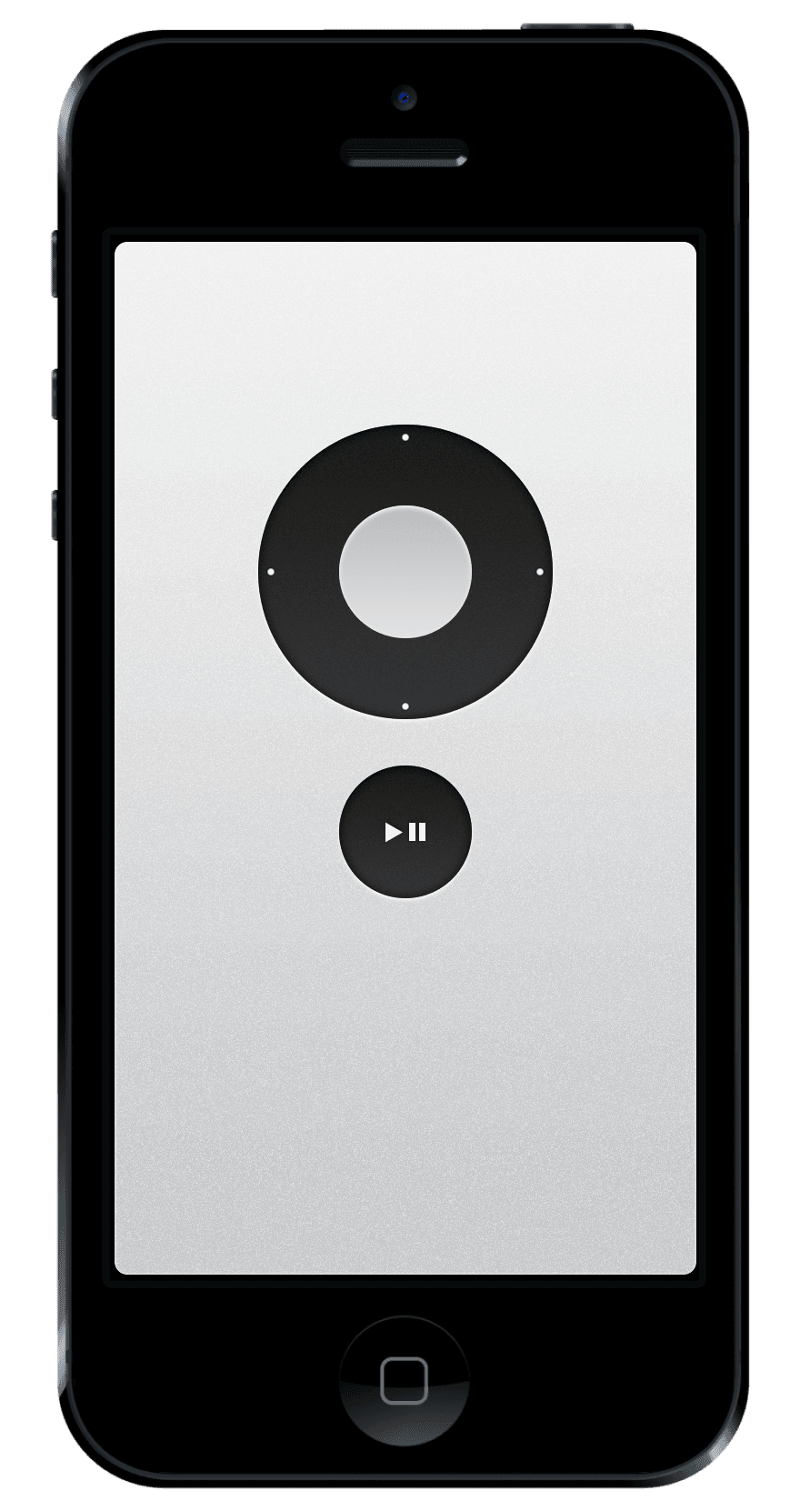 Controls on an iPhone 5: a black ring and a play/pause button on brushed aluminum, drawn like Apple’s remote.