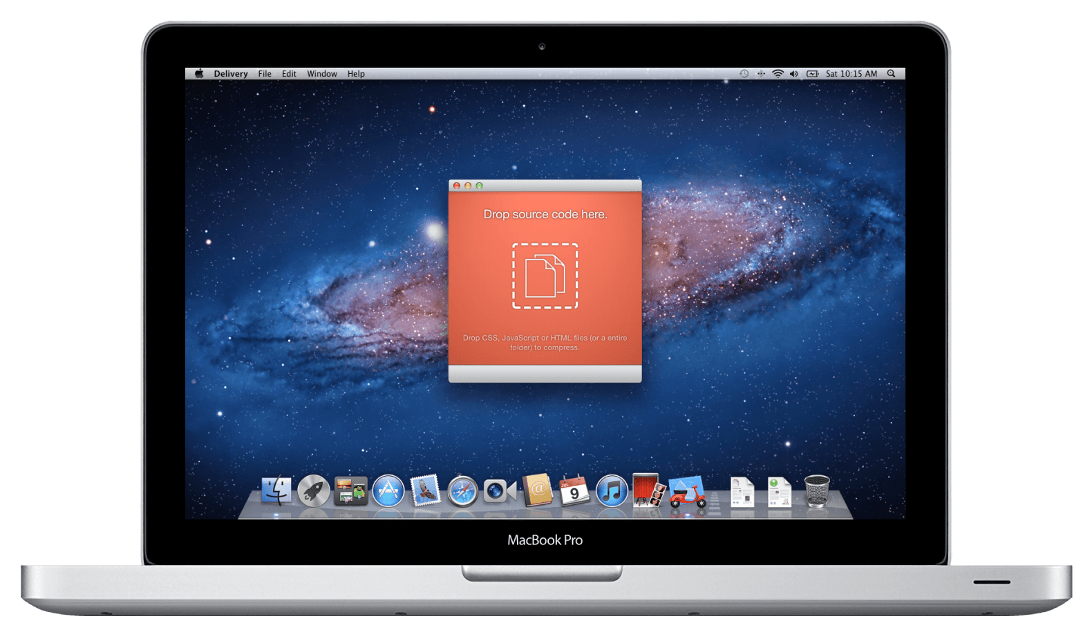 Delivery on a MacBook Pro: a small orange window reading “Drop source code here” over a dashed file icon.