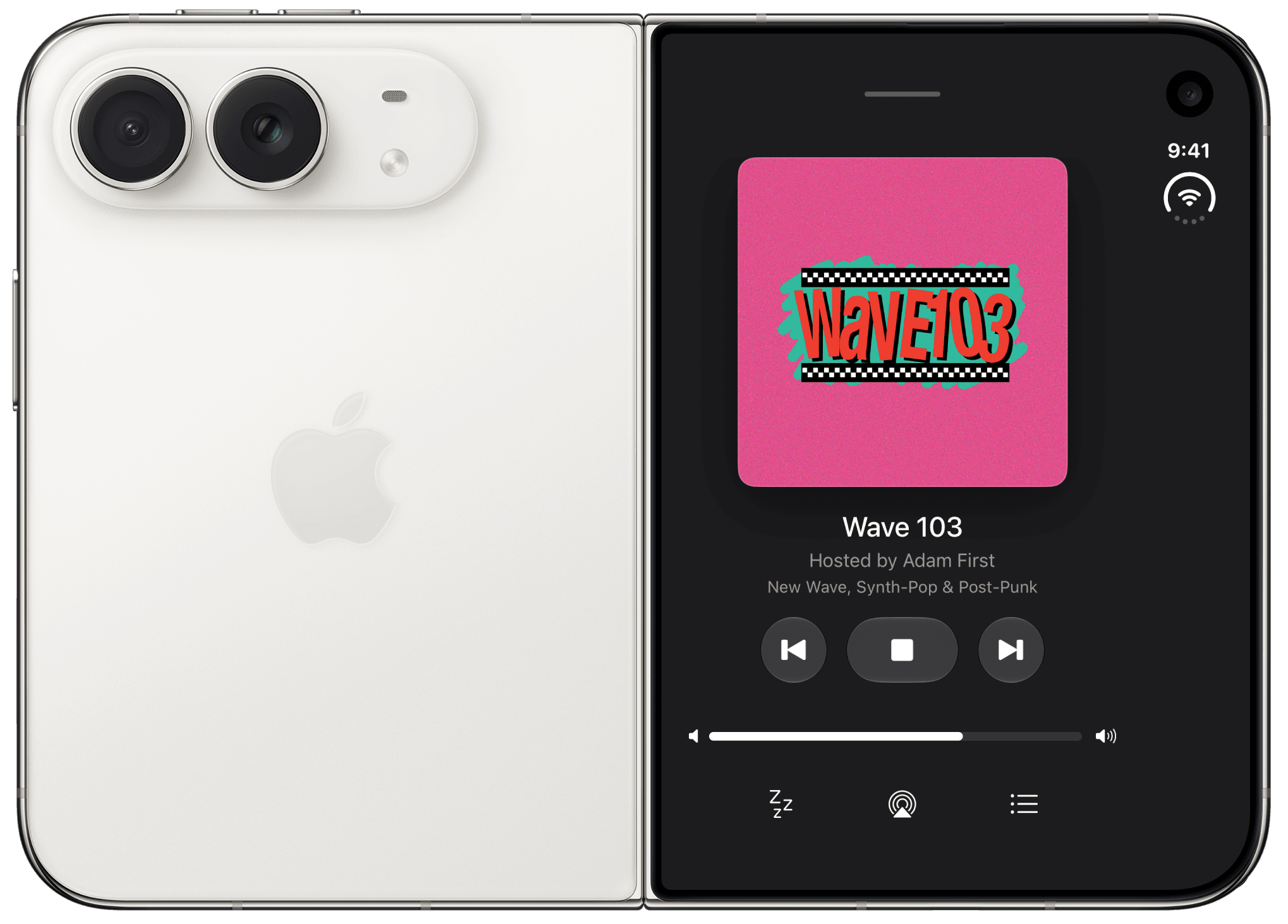A closed iPhone Duo seen from the back: the camera module on one half, and on the other the cover display showing Fernando’s Now Playing, with Wave 103’s artwork above, “Hosted by Adam First”, and transport controls below.