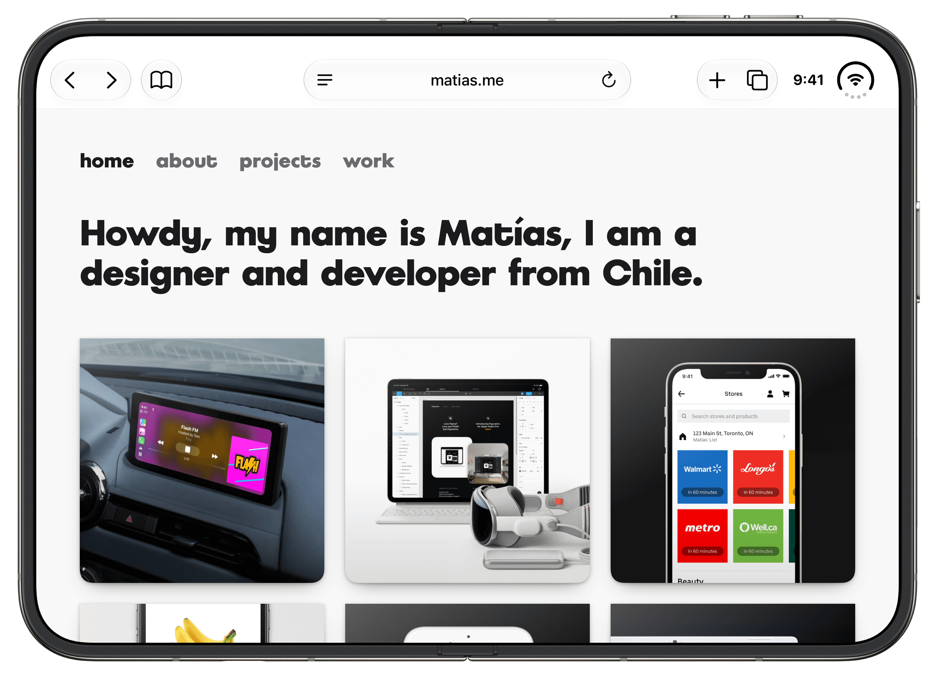 An unfolded iPhone Duo showing the matias.me home page in Safari