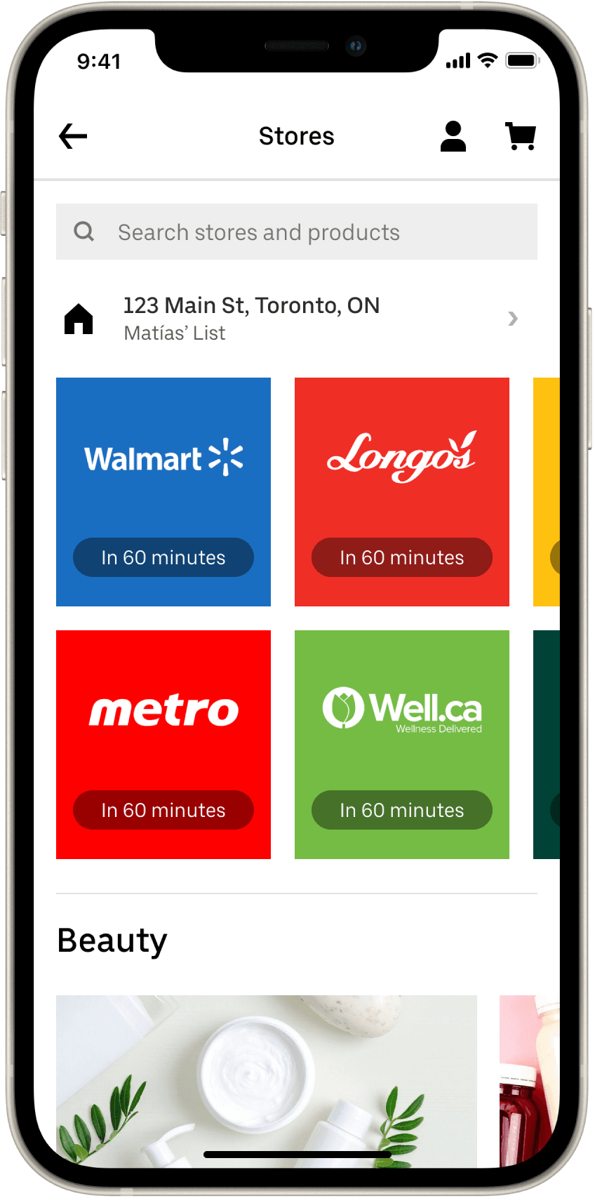 Cornershop inside the Uber app on an iPhone: a Stores screen for an address in Toronto, with Walmart, Longo’s, Metro and Well.ca as colored tiles, each marked In 60 minutes.