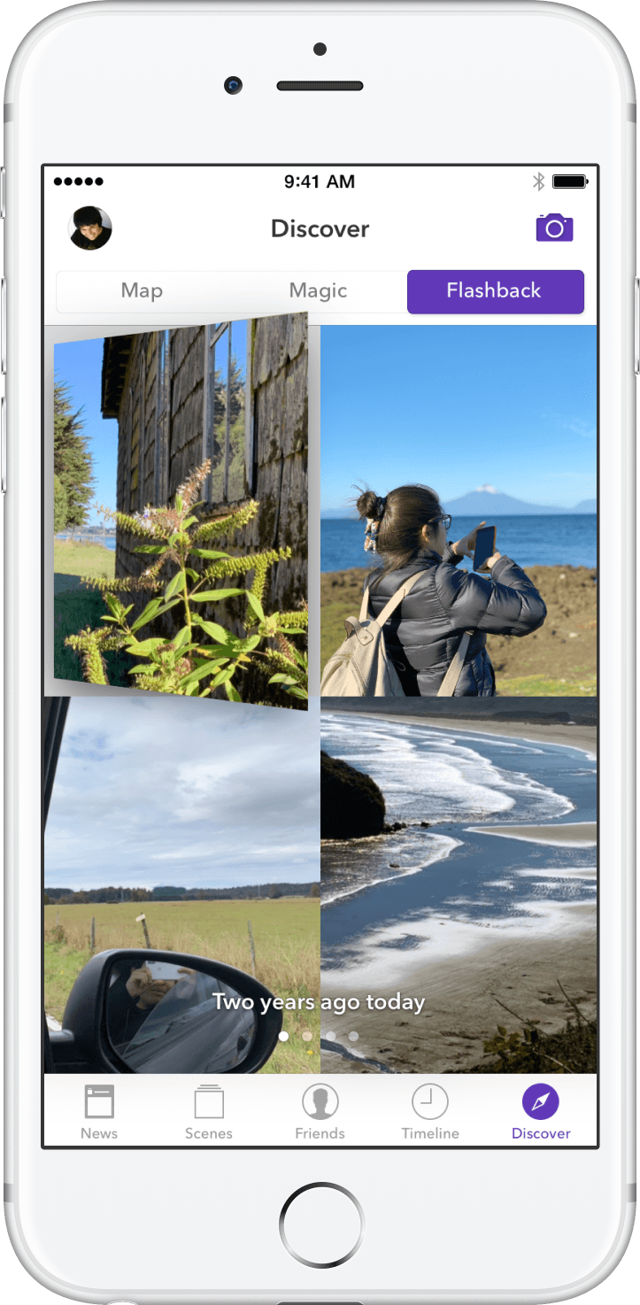 Seahorse on an iPhone 6: the Discover tab, Flashback selected, photos turning over above the words “Two years ago today”.