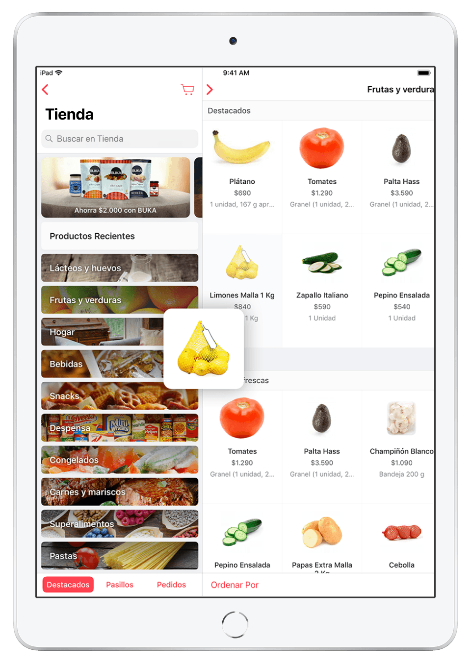Cornershop on an iPad: the store’s departments down the left, a grid of produce on the right, and a bag of lemons lifted mid-drag toward the cart.