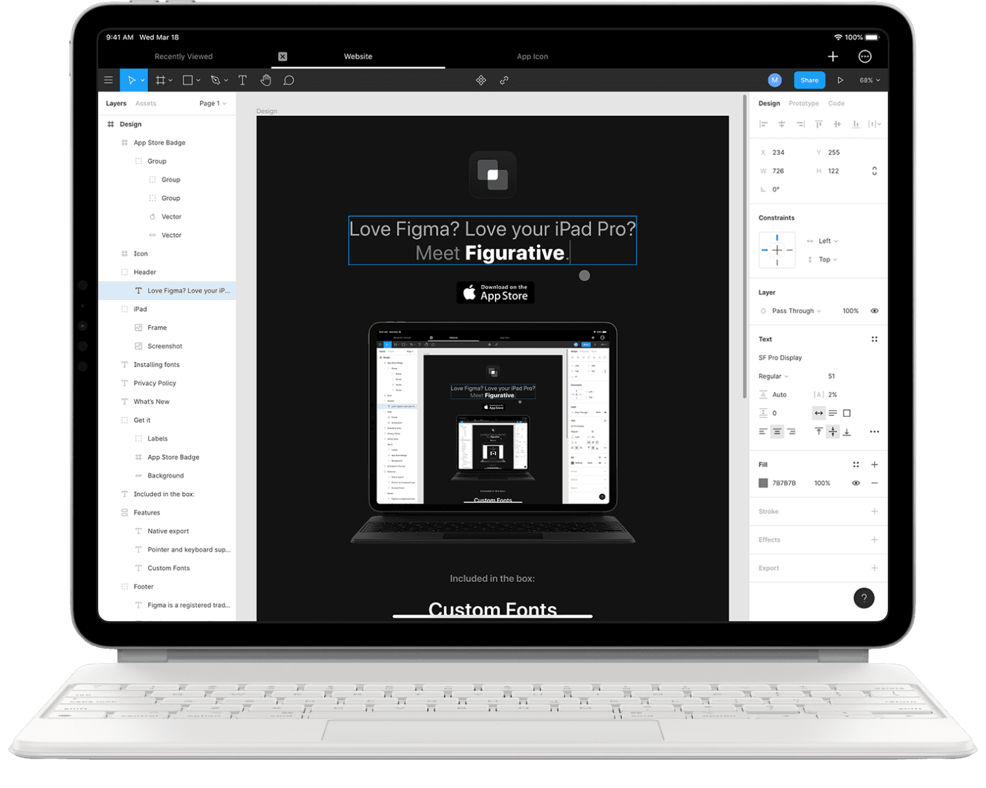 Figurative on an iPad Pro with a Magic Keyboard: the Figma editor open on a file, layers panel down the left, properties down the right, tabs across the top.