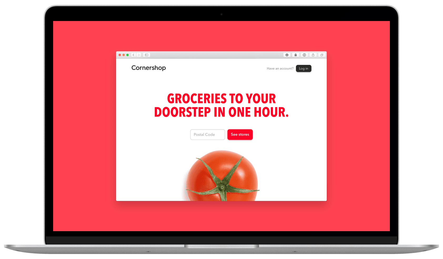 The first Cornershop landing page on a MacBook: “Groceries to your doorstep in one hour.” in red type, a postal code field and a red See stores button, above a tomato.