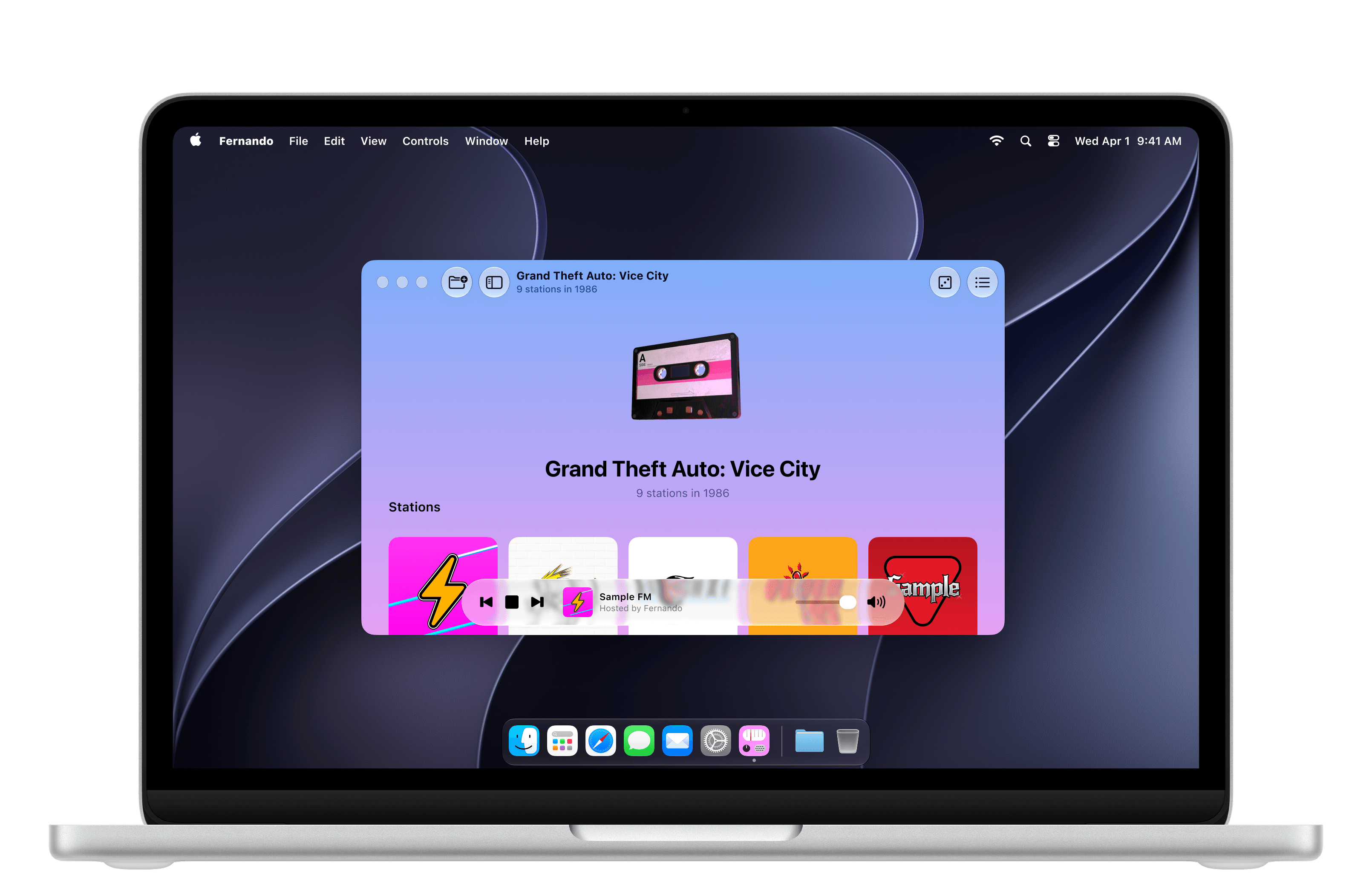 Fernando on a MacBook: a window headed Grand Theft Auto: Vice City, “9 stations in 1986”, a 3D cassette above a row of station tiles.