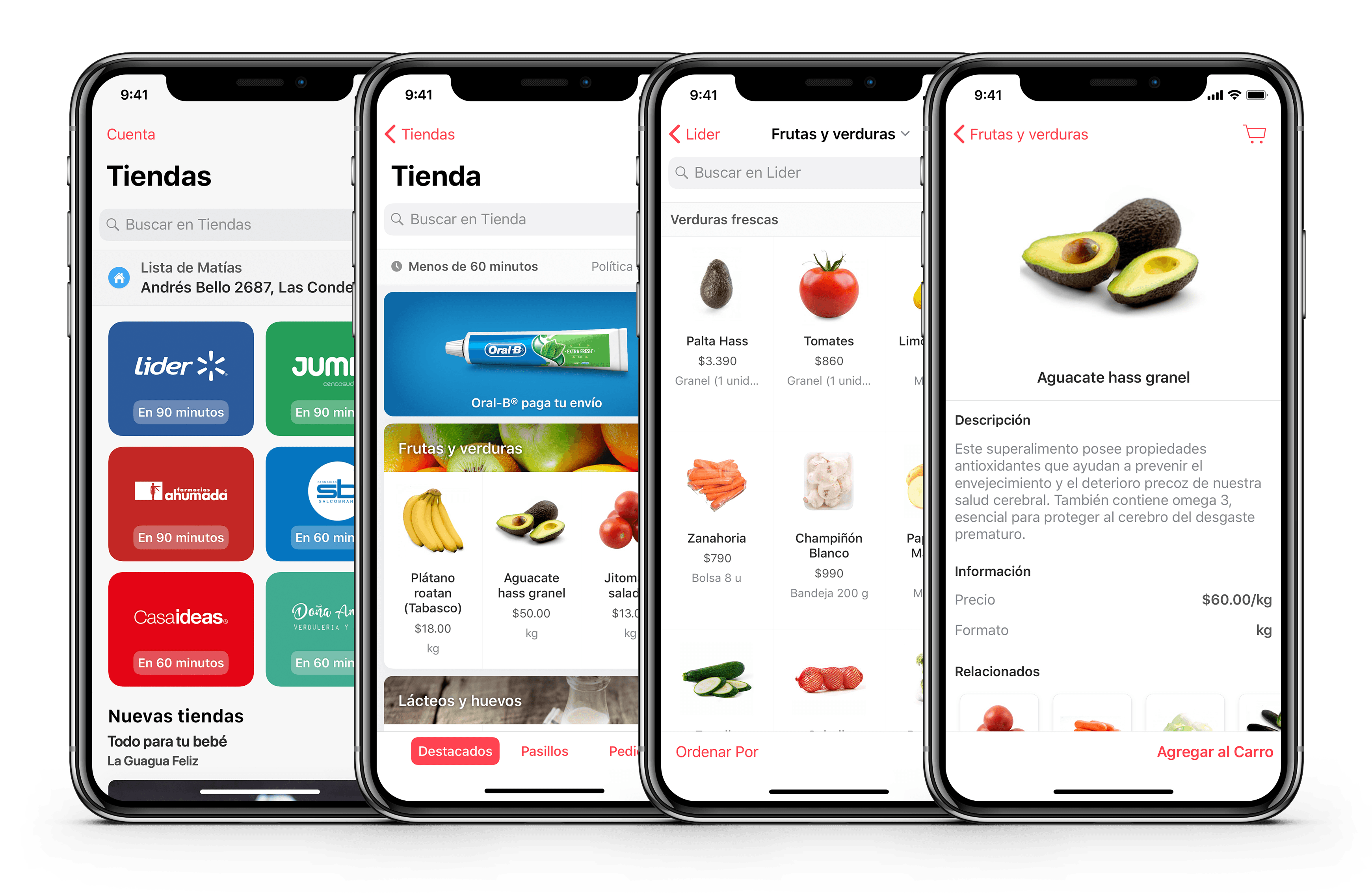 Four iPhones side by side showing the four levels: Tiendas, a store, the Frutas y verduras department, and an avocado product page.