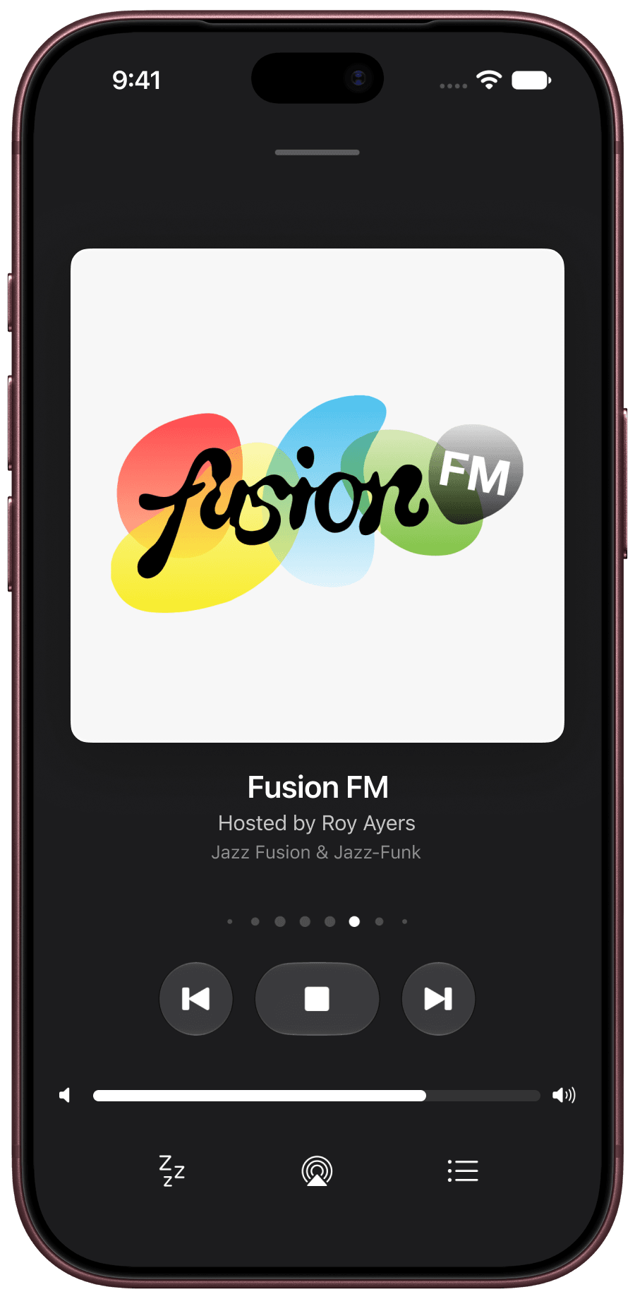 Fernando’s Now Playing screen on an iPhone: Fusion FM’s cover art, “Hosted by Roy Ayers”, “Jazz Fusion & Jazz-Funk”, and transport controls below.