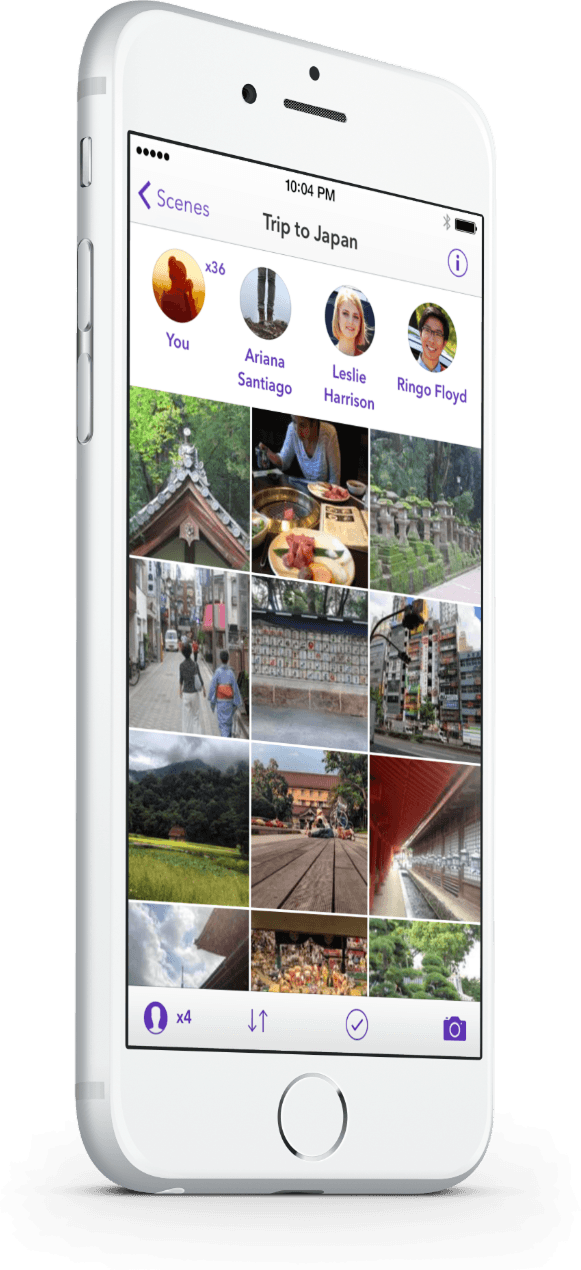 A Seahorse scene, “Trip to Japan”, with four participant faces across the top and a grid of everyone’s photos below.