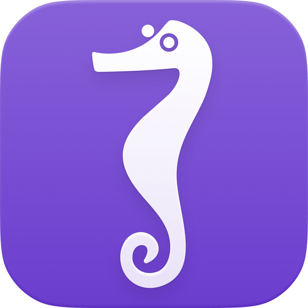 The Seahorse app icon: a white seahorse, curled tail down, on a purple field.