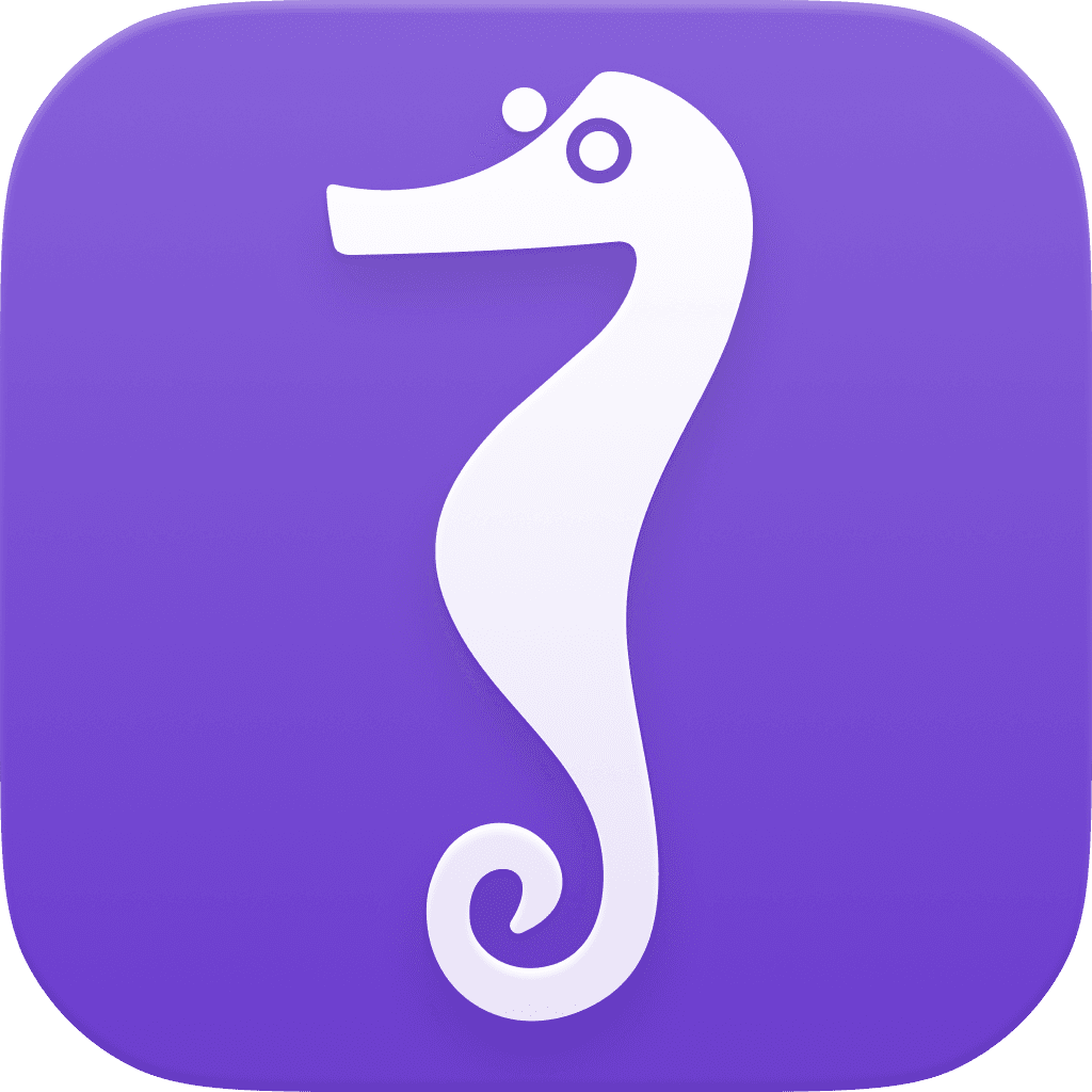 The Seahorse app icon: a white seahorse, curled tail down, on a purple field.
