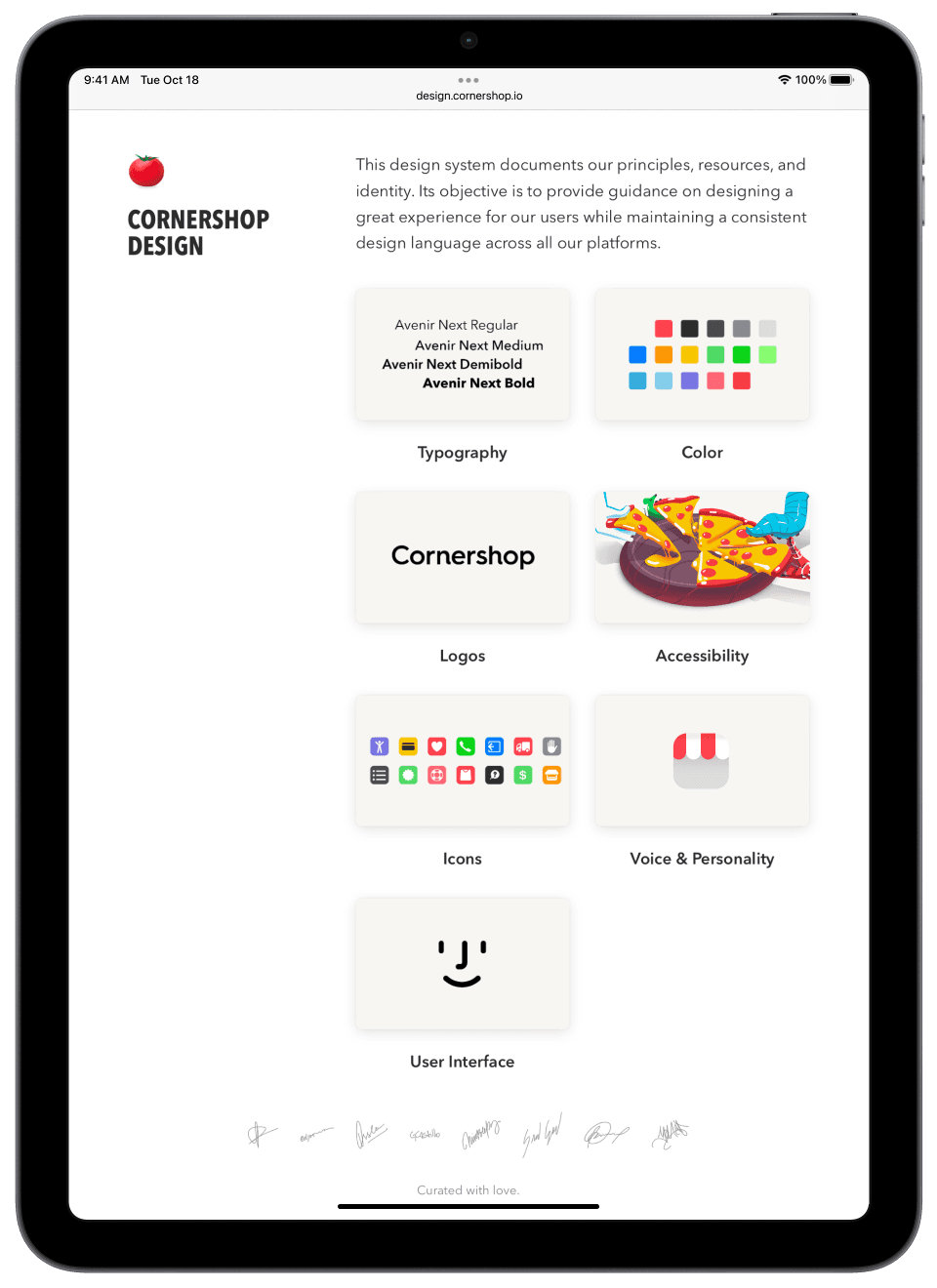 design.cornershop.io on an iPad: a tomato logo over CORNERSHOP DESIGN, then cards for Typography, Color, Logos, Accessibility, Icons, Voice & Personality and User Interface.