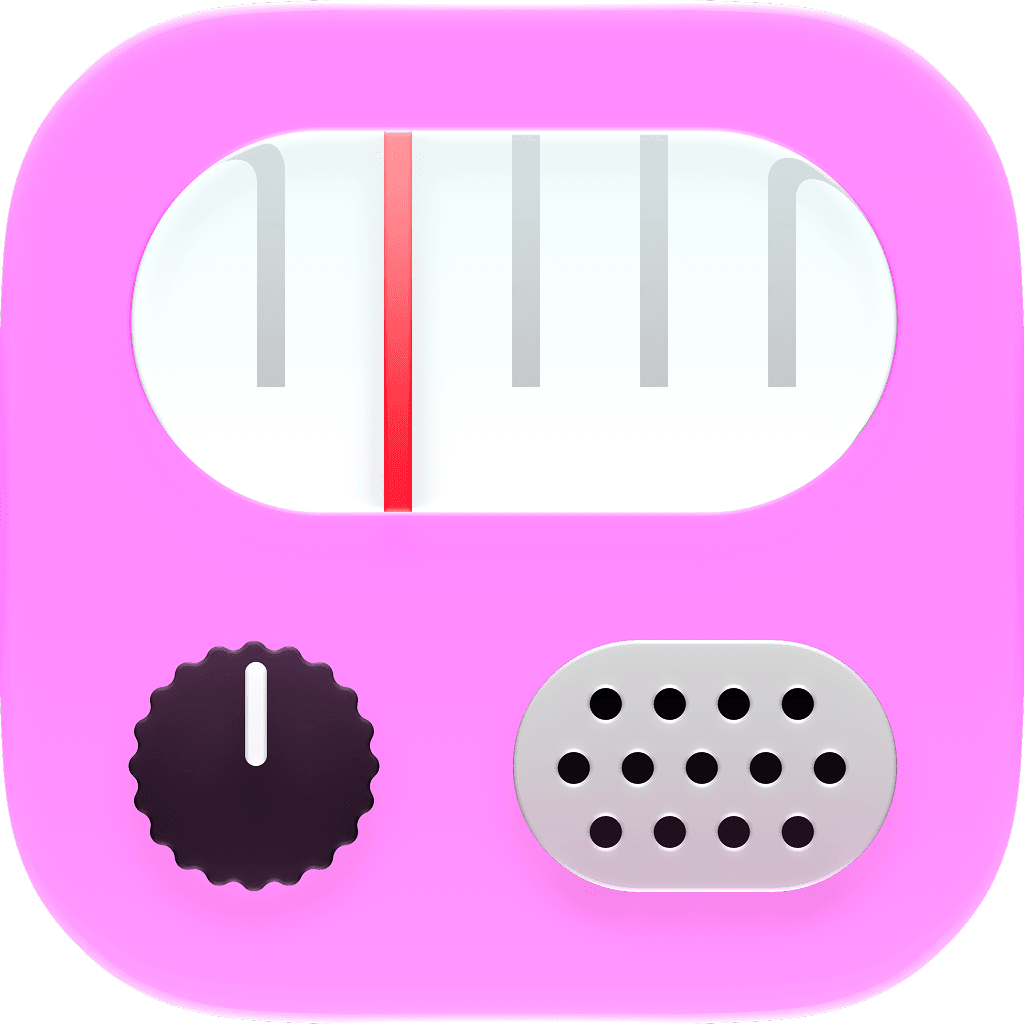 The Fernando app icon: a pink transistor radio with a tuning dial across the top, a dark ridged knob and a speaker grille below.