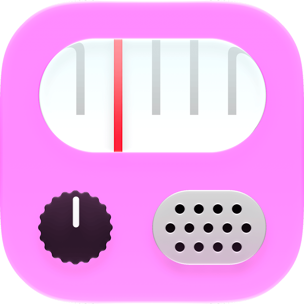 The Fernando app icon: a pink transistor radio with a tuning dial across the top, a dark ridged knob and a speaker grille below.