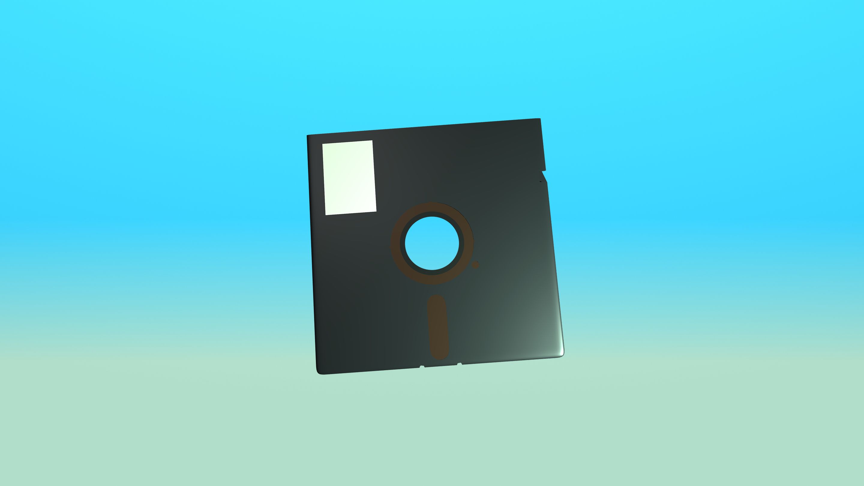 A 3D model of a black 5¼-inch floppy disk, turned slightly, on a cyan-to-green gradient.