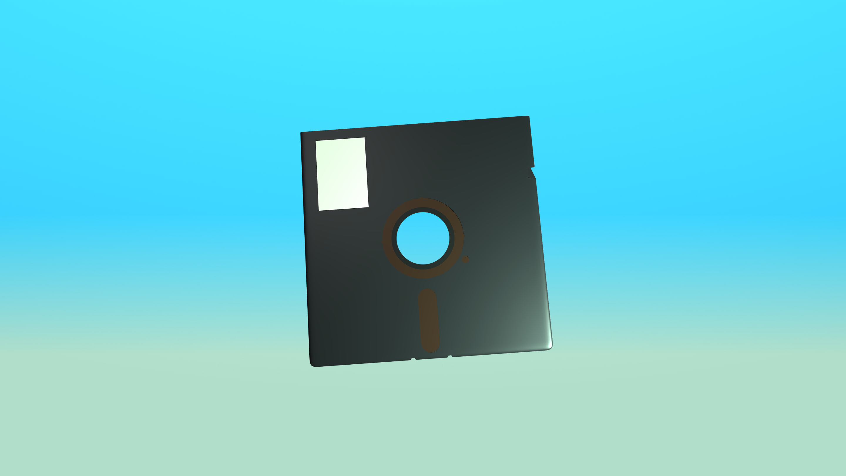 A 3D model of a black 5¼-inch floppy disk, turned slightly, on a cyan-to-green gradient.