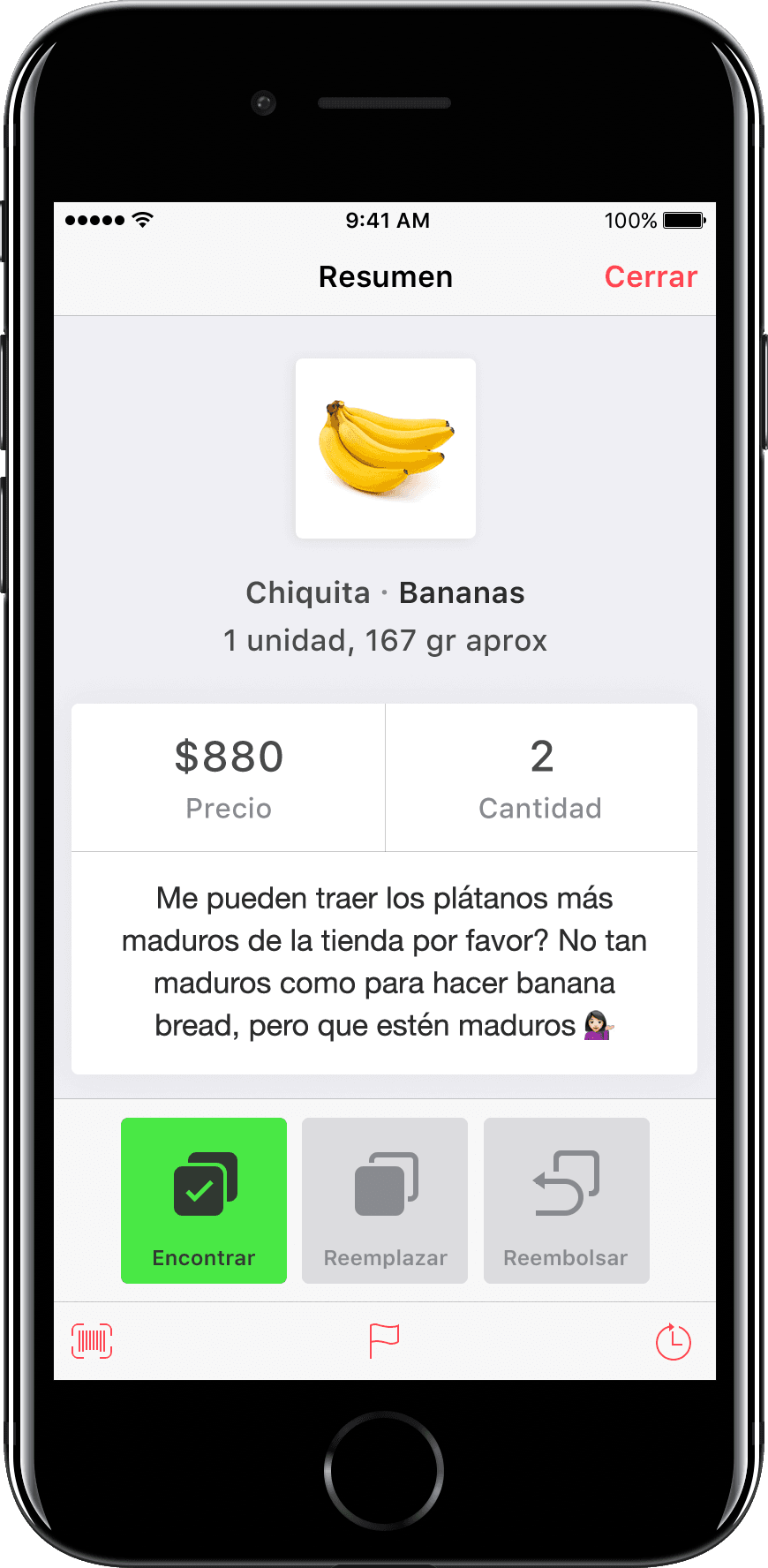 The shopper app on an iPhone: two Chiquita bananas, the price, and the customer’s handwritten note, over Encontrar, Reemplazar and Reembolsar buttons.