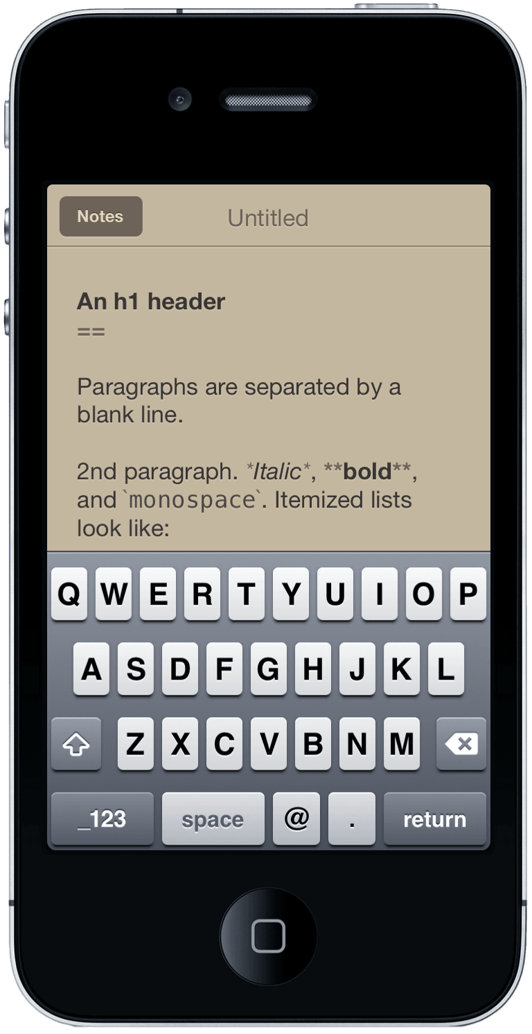 Written on an iPhone 4: a Markdown note on a paper-colored screen, with the keyboard up.