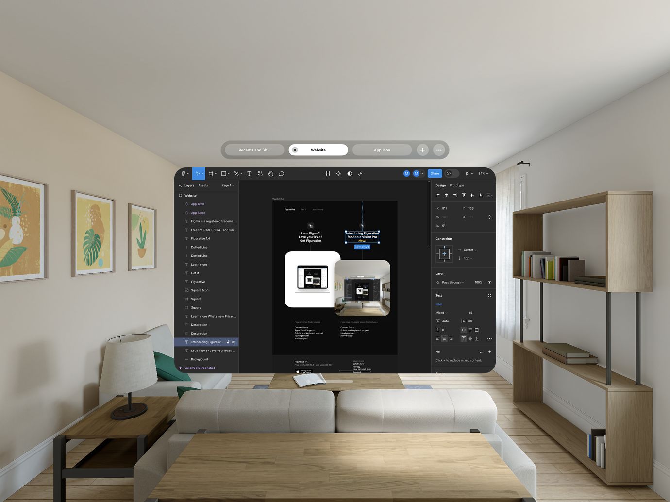 Figurative on Apple Vision Pro: the Figma editor floating in a living room, the app’s tabs in an ornament above the window.