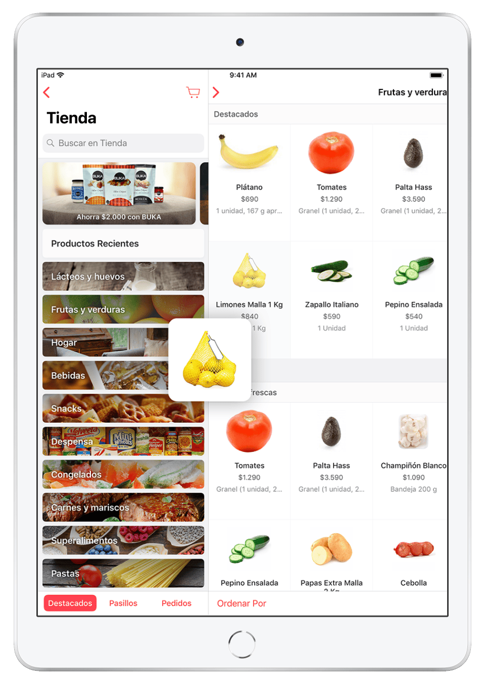 An iPad displaying the Cornershop app, showing the storefront of a grocery store. It has a list of aisles with colorful background images on the left, and a grid of products for the selected aisle on the right. An image of lemons is being dragged from the grid.