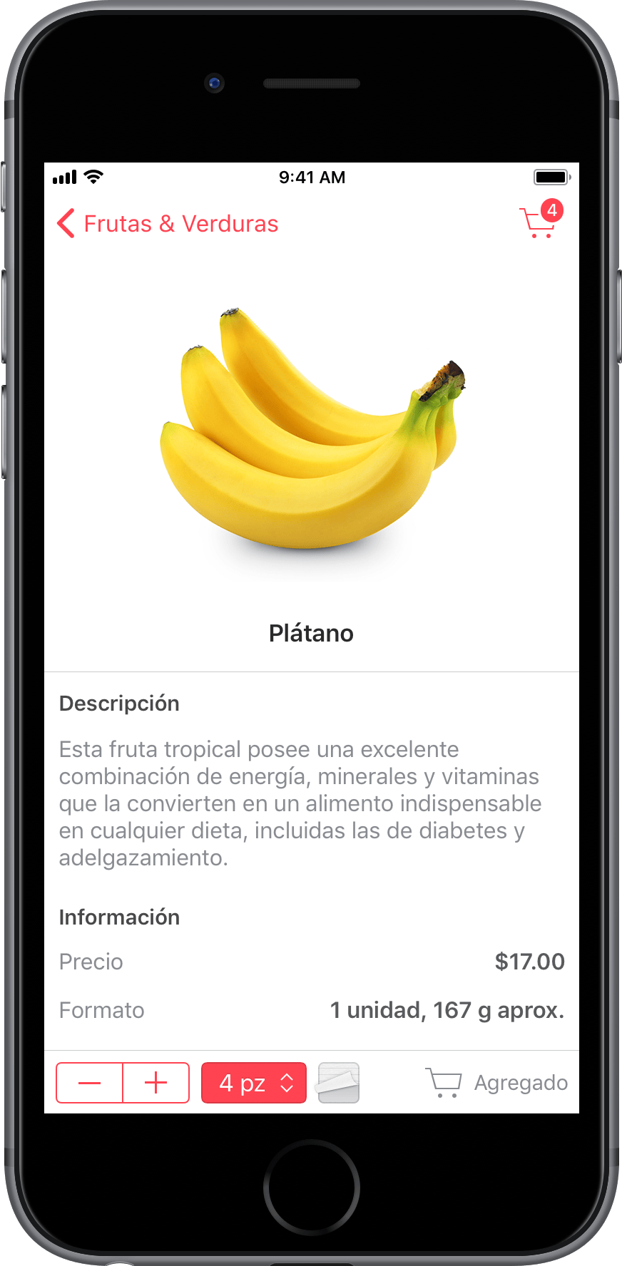 An iPhone displaying the Cornershop app, showing a pack of bananas. The user interface has lots of white space and buttons are tinted in a shade of red. A toolbar shows that 4 bananas were added into the Cart.