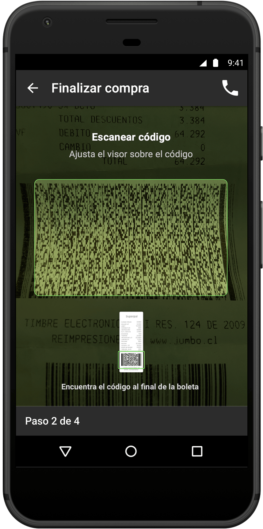 Google Pixel displaying an app for picking groceries. It shows a barcode scanner that is using the device's camera, currently detecting a barcode framed on a green rectangle.