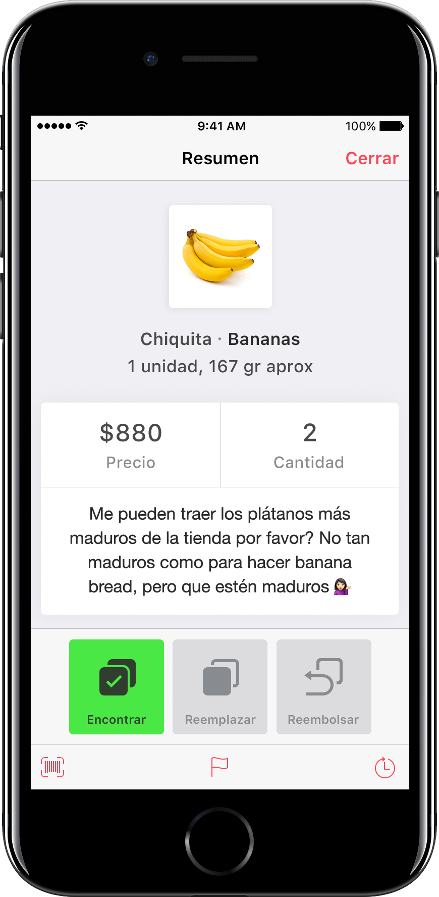 iPhone displaying an app for picking groceries. It shows the customer has requested 2 ripe bananas, and there's different options to mark the product as found, offer a replacement, or give a refund.
