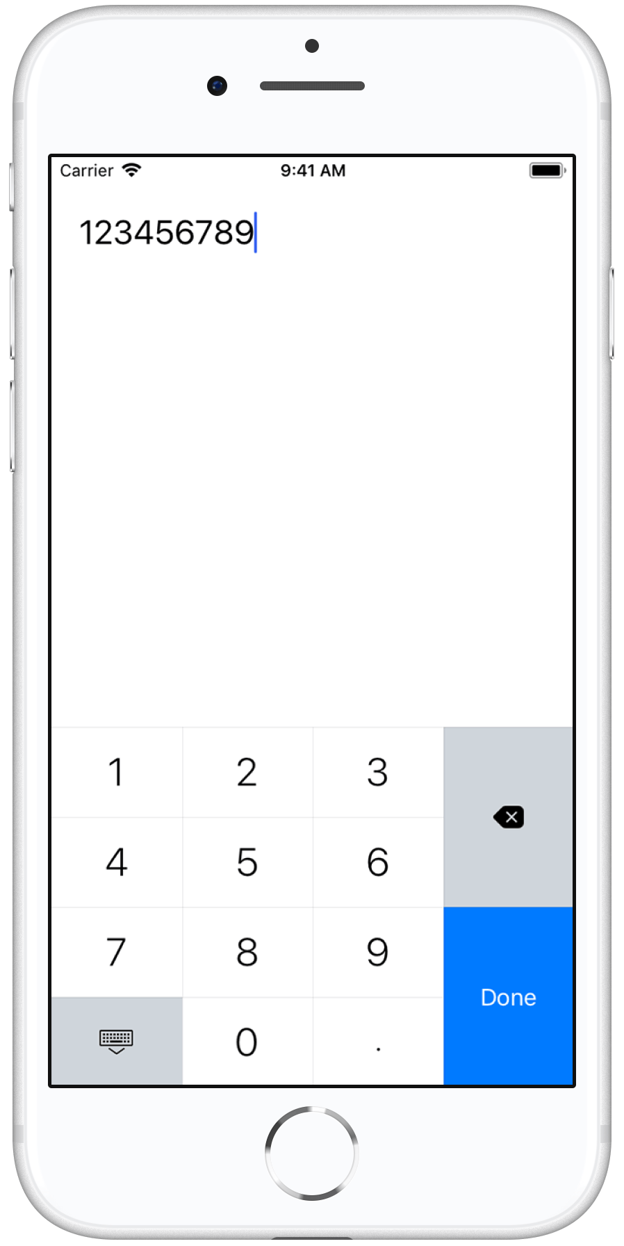 iPhone displaying a simple numeric keyboard on what is seems like a test application.