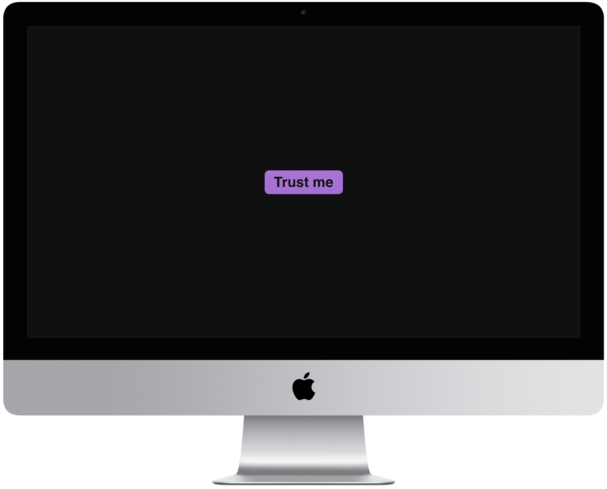A 27-inch iMac is displaying a mysterious website in fullscreen. The screen is mostly empty with the exception of a small pink button in the center that reads 