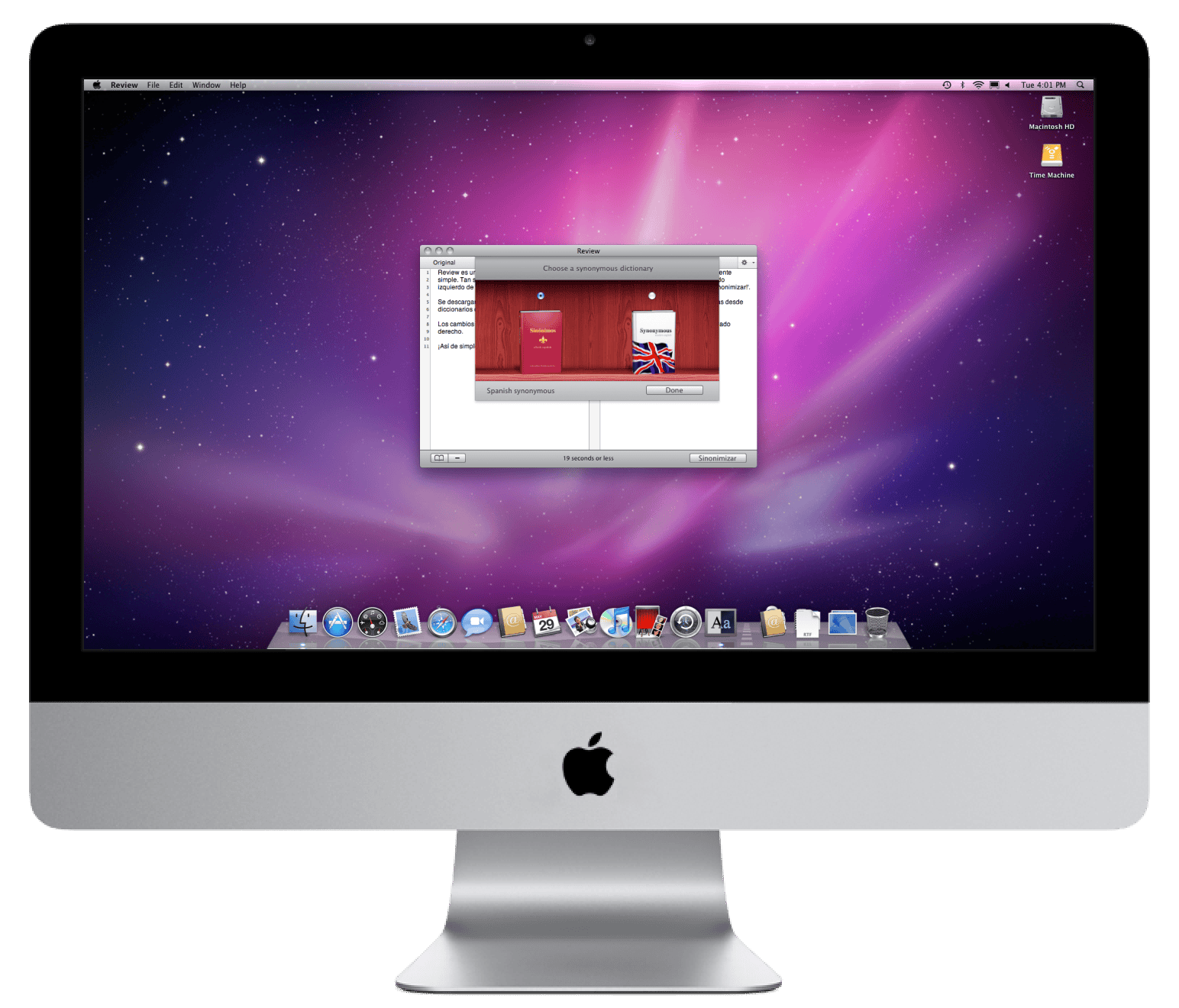 An iMac is displaying a text editor app with two panes. A sheet made of wood is presented on the main window, despicting two photorealistic dictionaries the user can choose from. The dock shows an icon of an uppercase and lowercase letter 