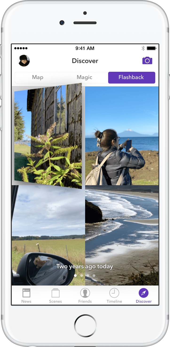 An iPhone displaying an app with a grid of 4 photos. One of the photos is being flipped in 3D space to reveal another photo. A purple selection shows 
