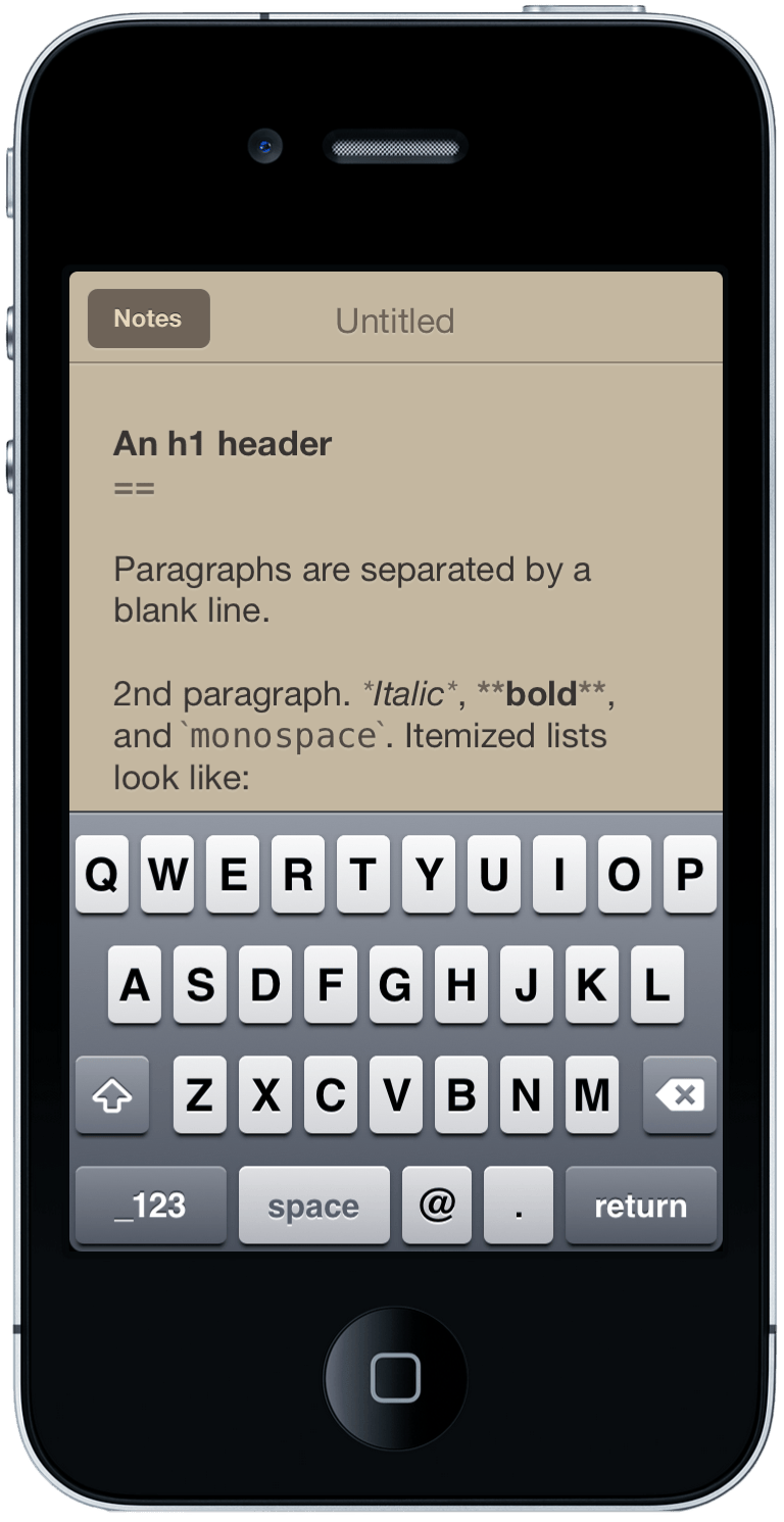 An iPhone 4 is displaying a text editing app with an on-screen keyboard. The screen has a suble paper-like brown texture, and the text is being syntax-highlighted with the Markdown markup language.